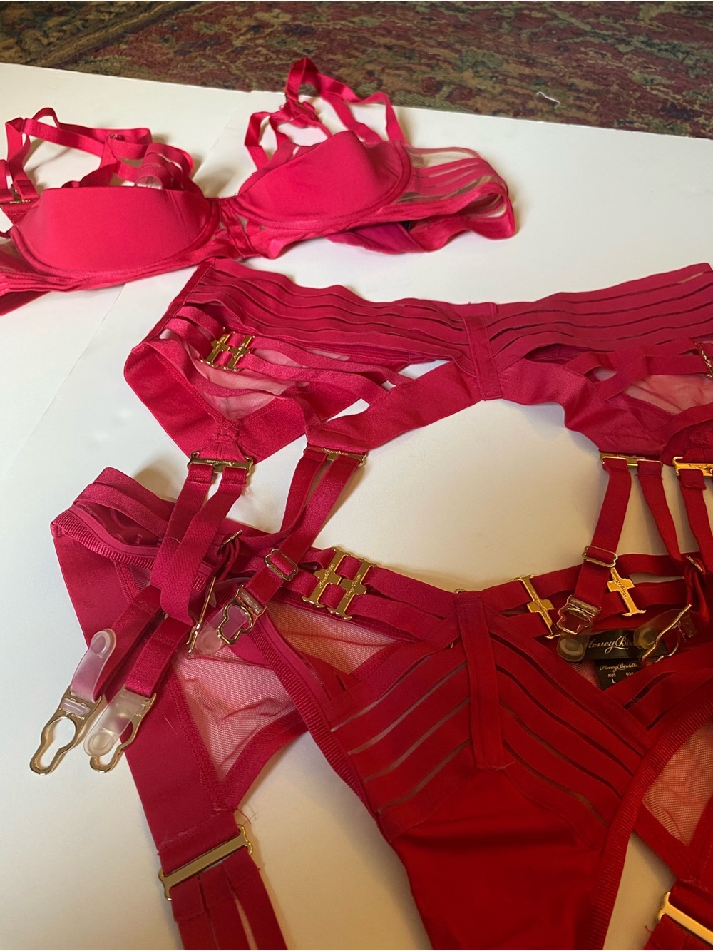 LINDA C Red 4-Piece Lingerie Set: Bra + Brief + Suspender/Garter Belt / 34D-L-L - Picture 8 of 14